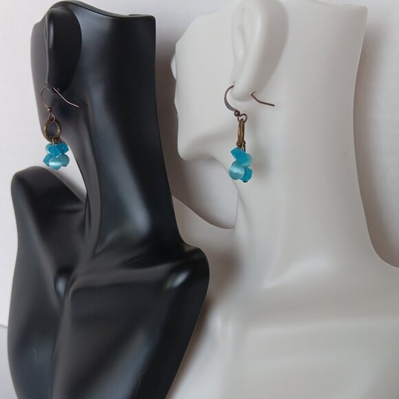 Small Handmade Beaded Earrings With Blue Agate Beads on Copper Fishhook Wires - Picture 4 of 16